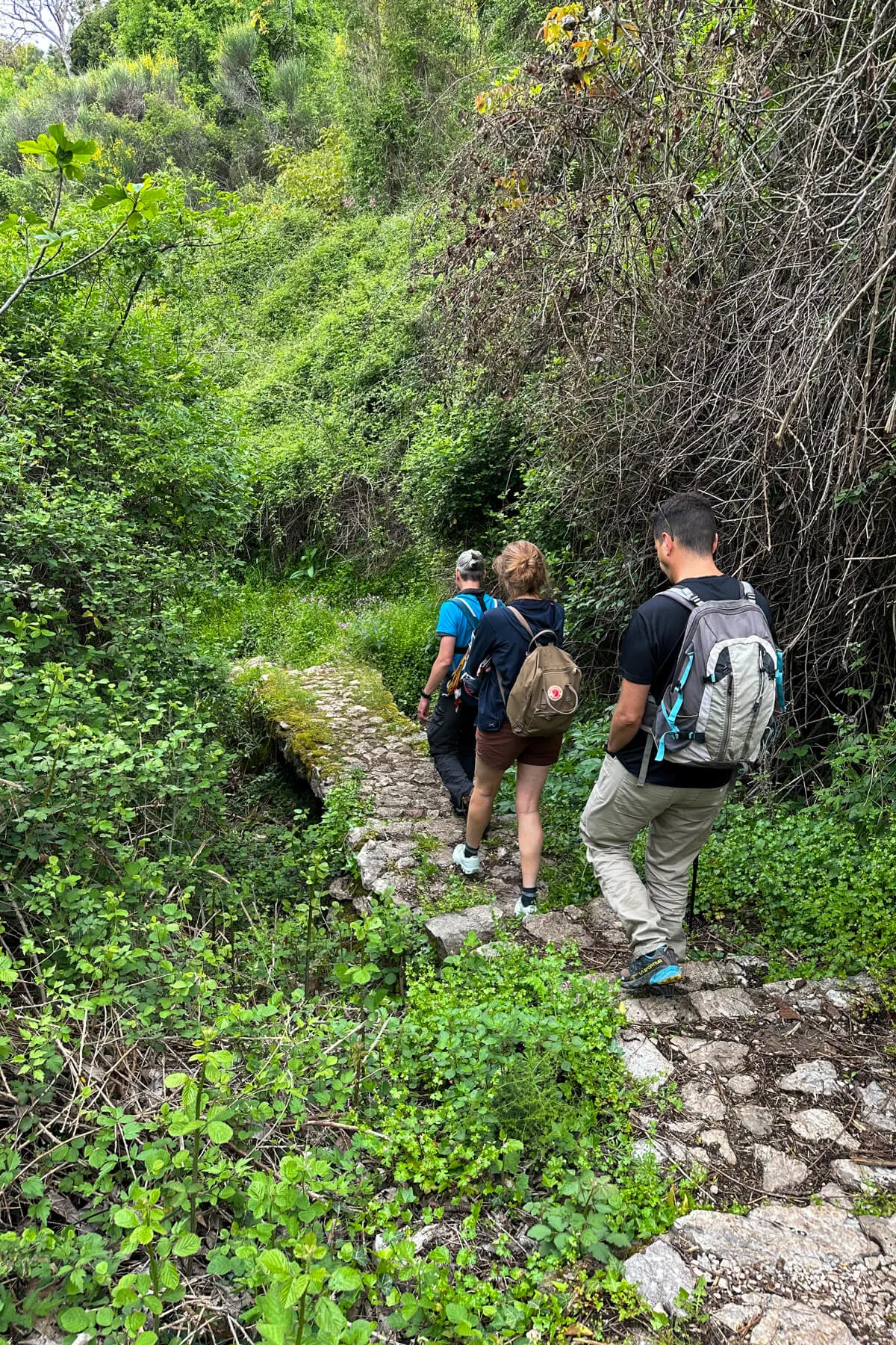 Three hikers walking on a stone path on the Menalon Trail