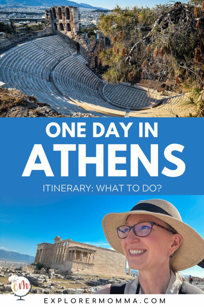 One day in Athens, Lauren in a sunhat looking out over the Acropolis with the Erechtheion in the background