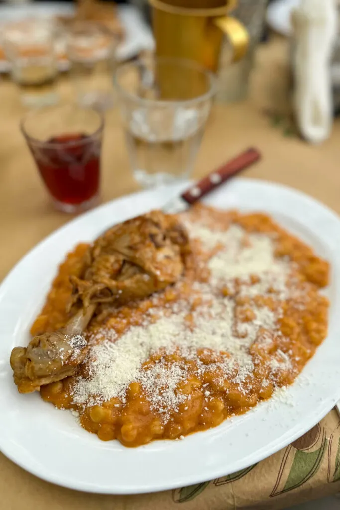 Rooster leg with egg noodles on a white plate