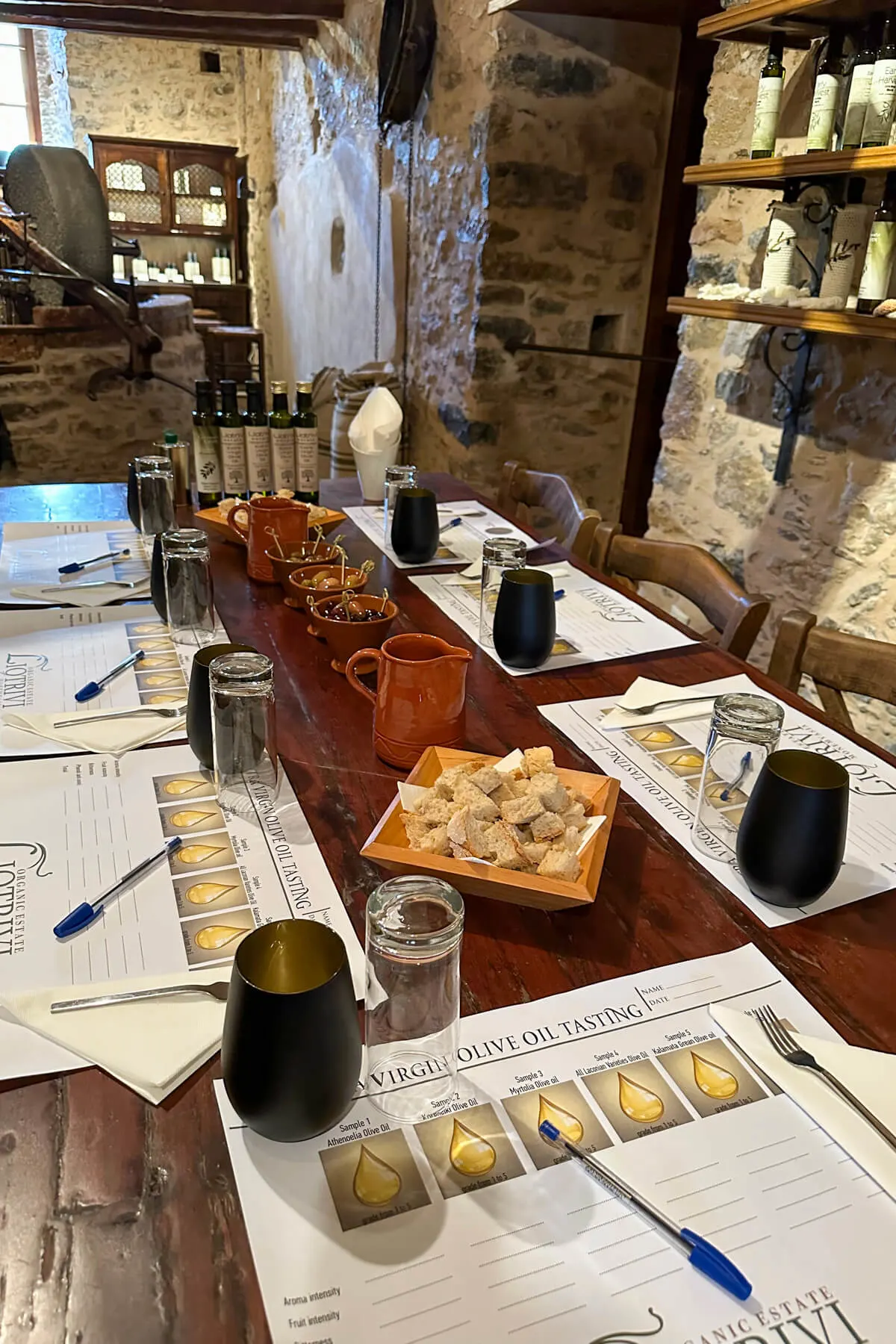 The table at the Liotrivi Estate set for the olive oil tasting