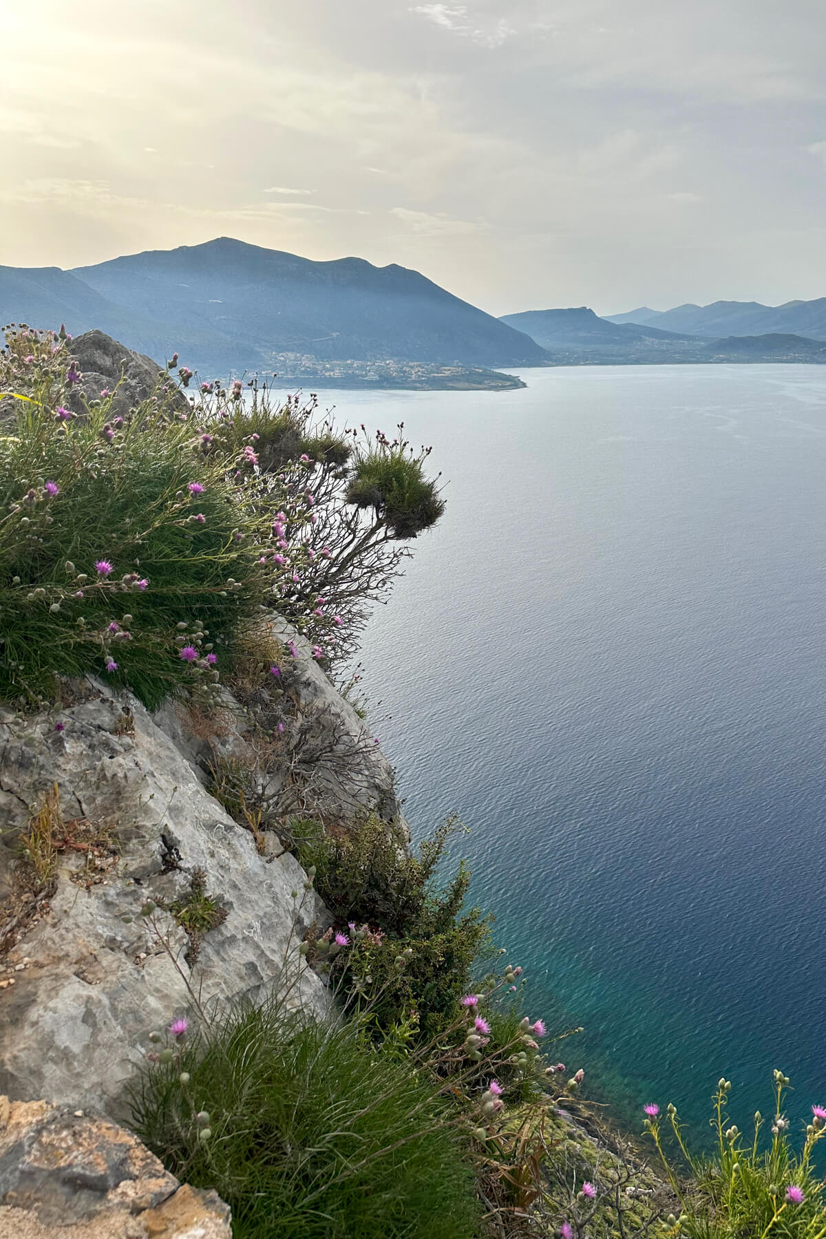 Beautiful view of the cliffside and water from Monemvasia cliffs