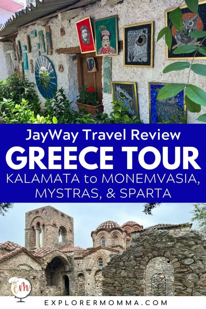 View of handmade modern mosaics hanging on the wall of a building over a picture of the Orthodox church in Mystras, Greece