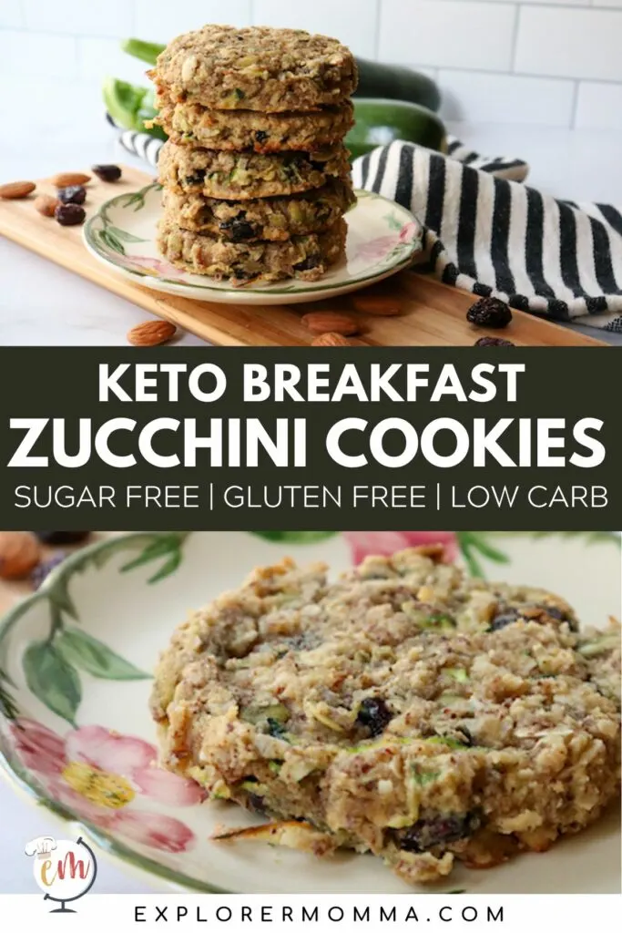 Gluten free zucchini breakfast cookies in a stack on a desert rose plate with zucchini in the background and almonds on the counter in front over a picture of one keto zucchini breakfast cookie on a plate