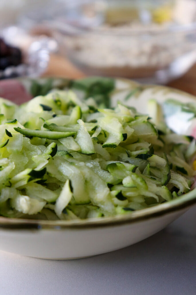Front closeup view of shredded zucchini