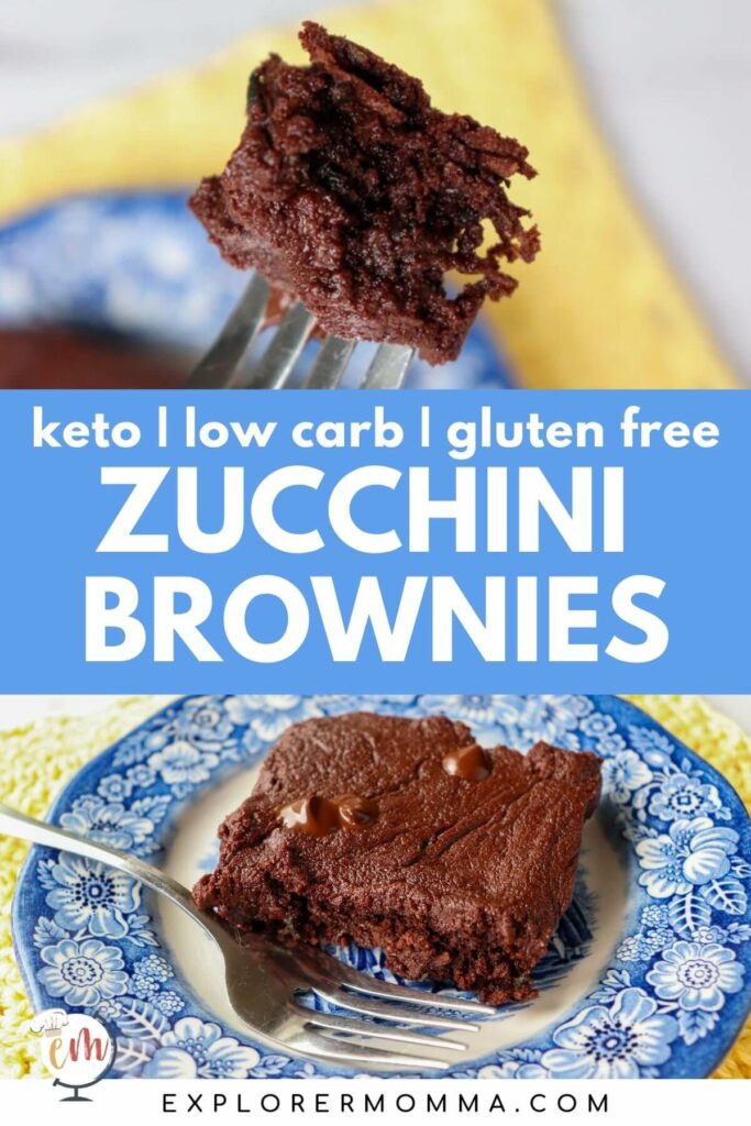 A keto zuccini brownie (low carb) on a blue and white plate with a fork next to it with a fork with a bite of brownie on it.