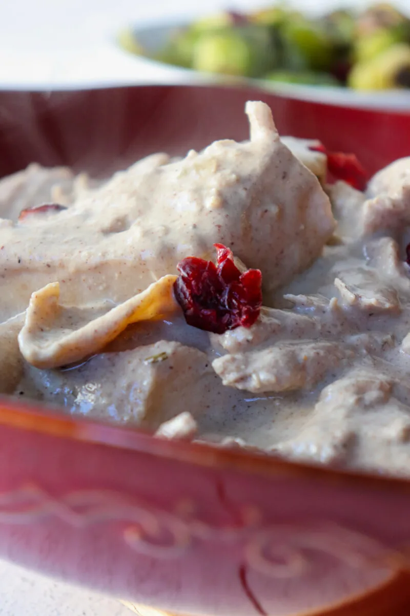 A closeup of a red bowl of Georgian satsivi.