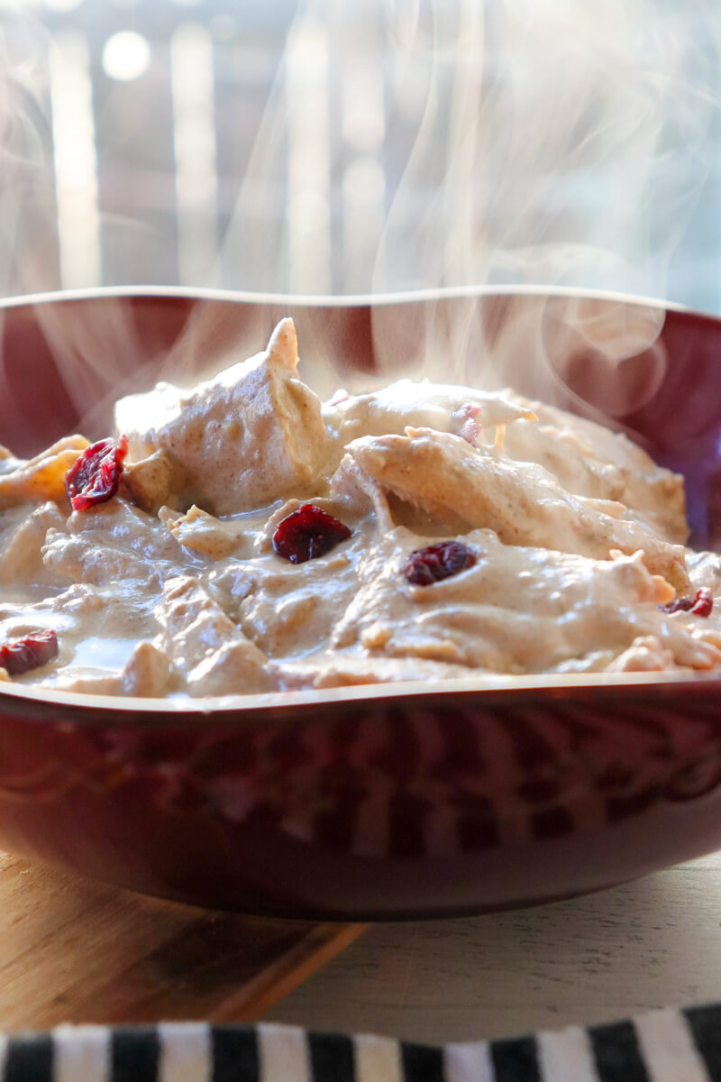 A red bowl of Georgian satsivi steaming and sitting in front of the window.