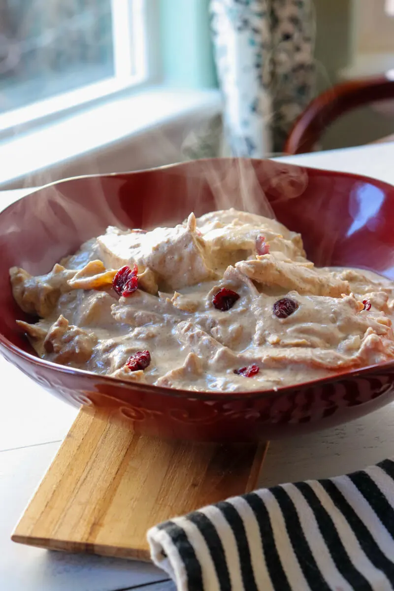 A red bowl of Georgian satsivi steaming and sitting on a wooden board by the window.