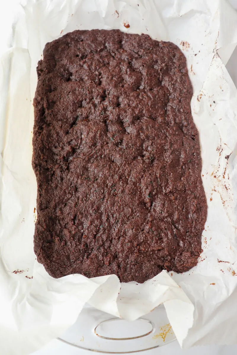 Overhead view of baked low carb zucchini brownies.