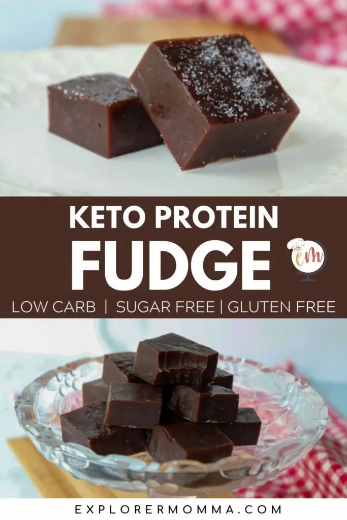 Keto protein fudge on a stack on a glass dish and a white plate with two pieces of keto fudge.