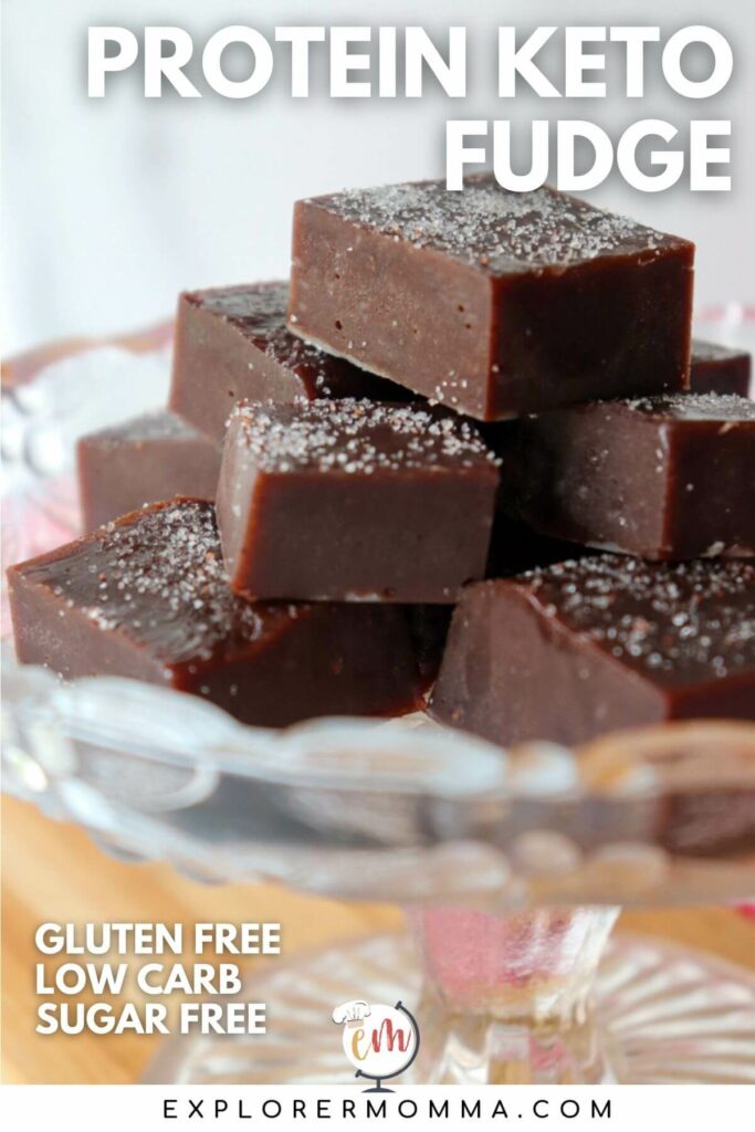 A stack of keto protein fudge on a glass dish