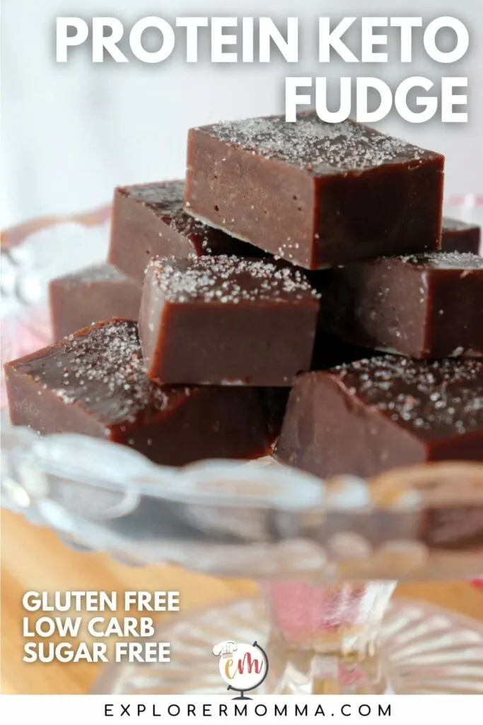 A stack of keto protein fudge on a glass dish