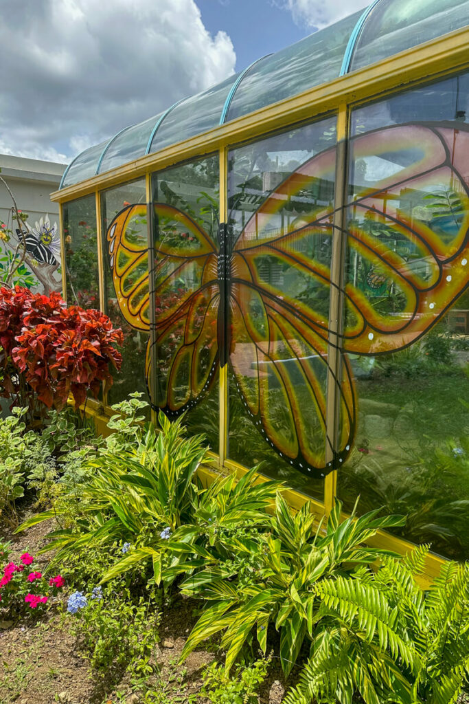 A colorful butterfly pavilion greenhouse with bright green bushes next to it