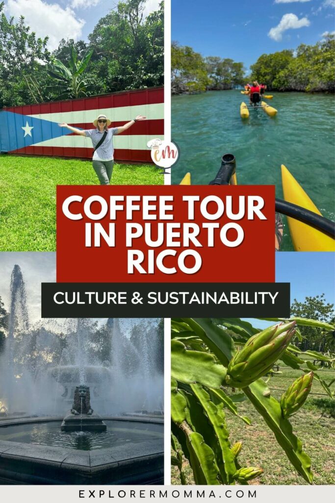 Coffee Tour in Puerto Rico: Culture & Sustainability with pictures of Lauren in front of a large Puerto Rican flag, chili boats, the Lion Fountain in Poncé, and a dragon fruit plant