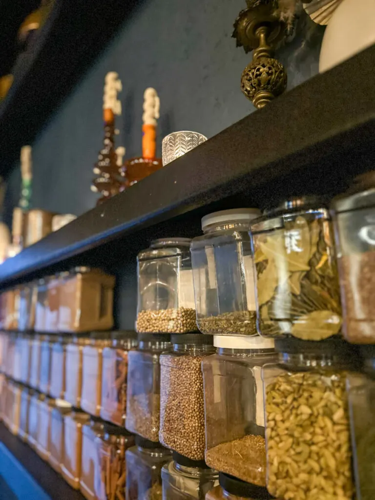 View of the wall with containers filled with different foods