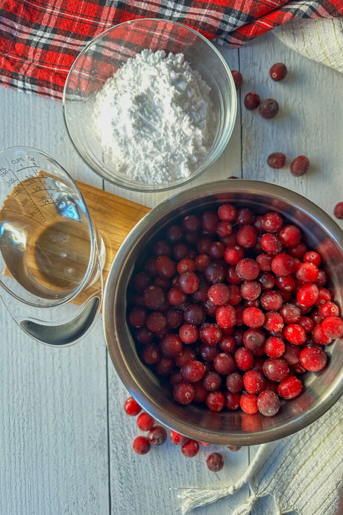 Overhead view of keto cranberry sauce ingredients, cranberries, water, and sweetener