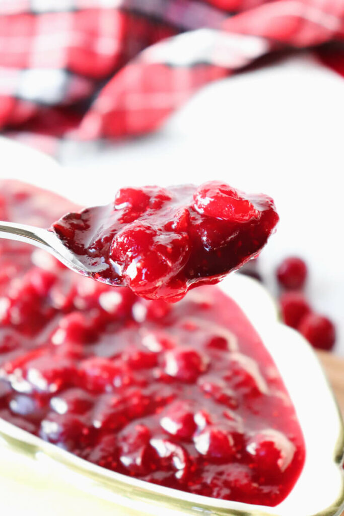 Spoon of low carb cranberry sauce over a dish of red sauce.