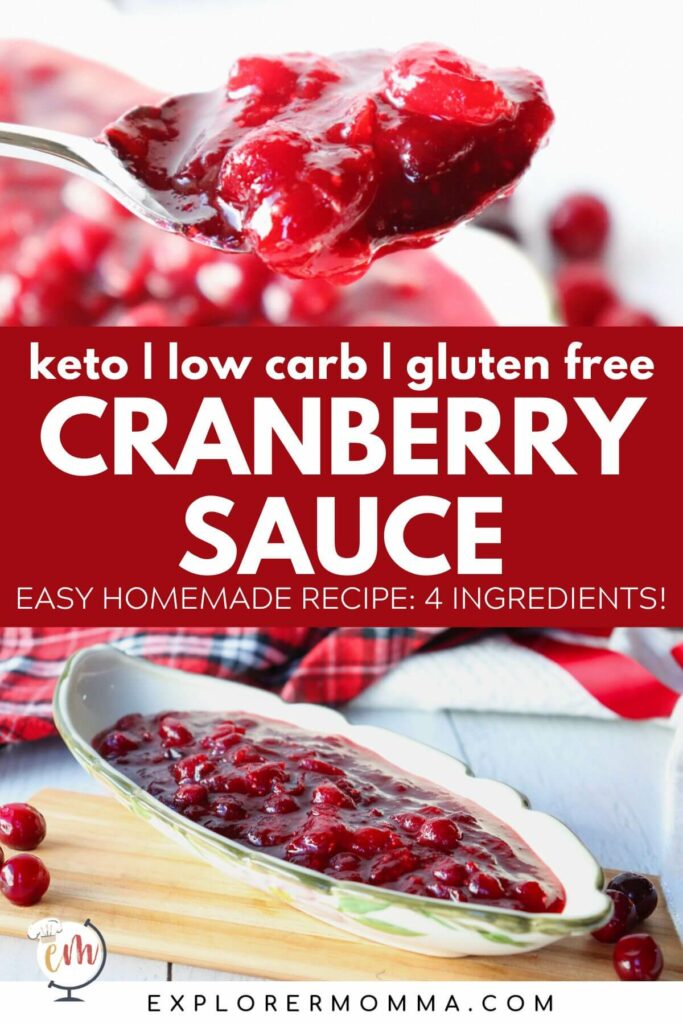 Spoon of keto cranberry sauce over a boat style dish filled with homemade rich red cranberry sauce on a wooden platter with cranberries around.