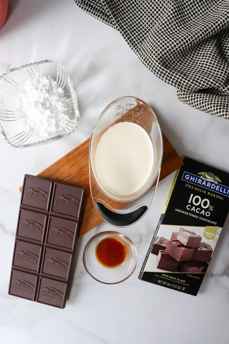 Overhead view of the ingredients in keto chocolate ganache.