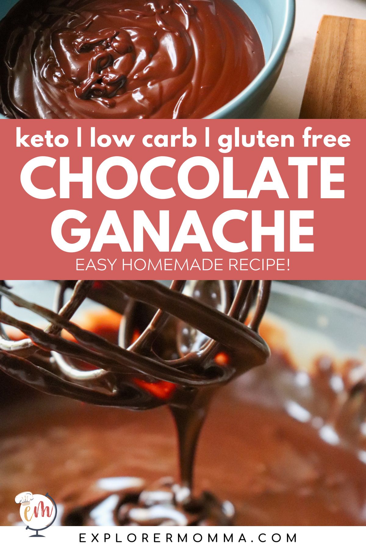 A clear glass bowl of keto chocolate ganache with a whisk stirring it and some dripping back down into the bowl.