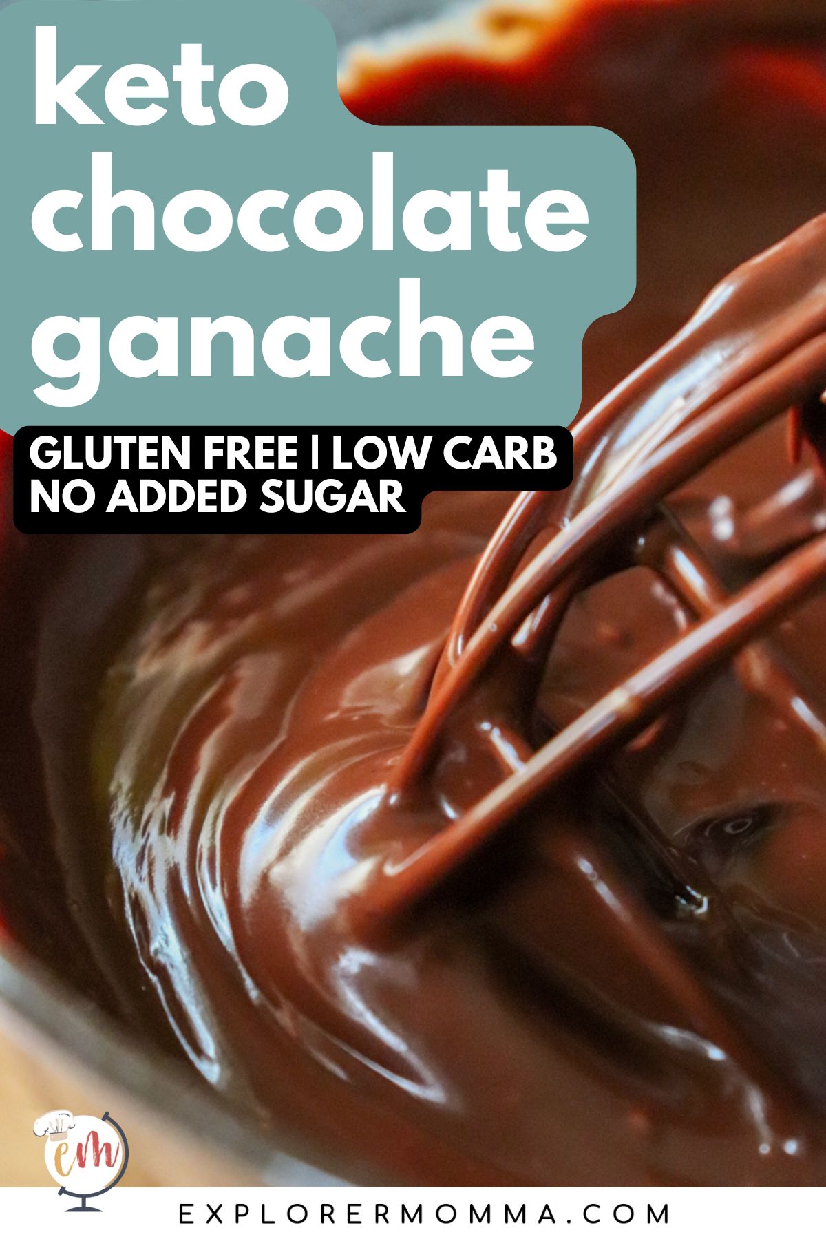 A clear glass bowl of keto chocolate ganache with a whisk stirring it.