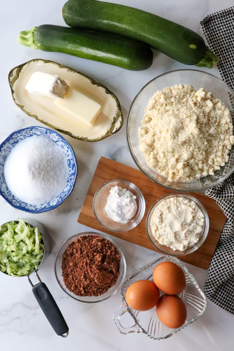 Overhead view of the low carb chocolate zucchini cake ingredients.