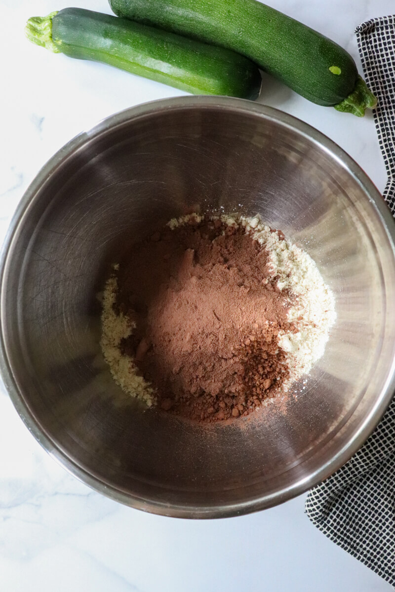 Overhead view of the metal bowl containing the dry ingredients.