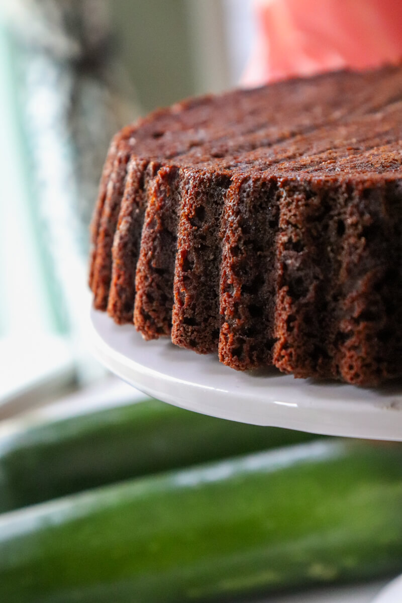 Side view of a keto chocolate zucchini cake.