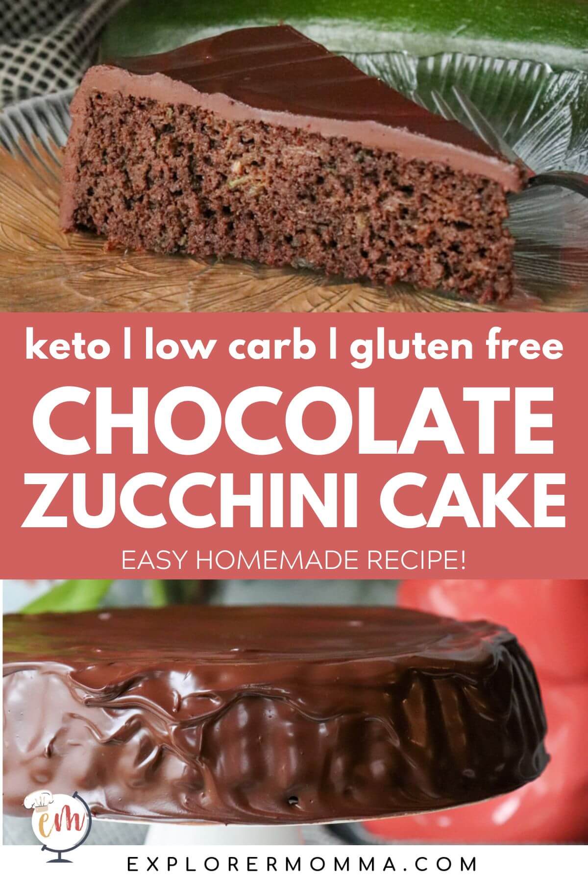 A one layer piece of keto chocolate cake with low carb ganache over the entire shiny chocolate cake on a white pedestal.