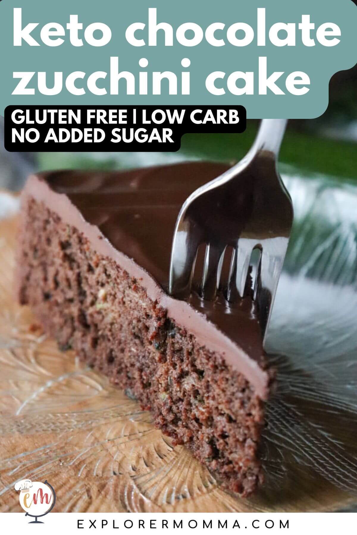 A front close up of a piece of keto chocolate zucchini cake with a fork about to take out a bite.