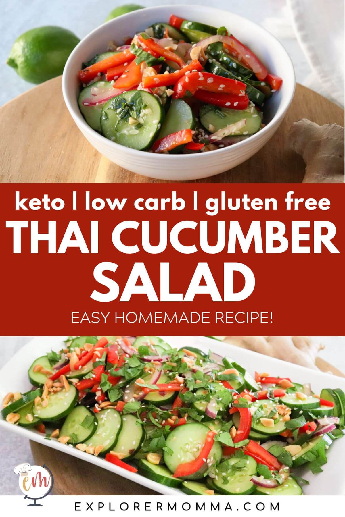A white bowl of Thai cucumber salad with cucumbers, red peppers, and red onion, dotted with sesame seeds and cilantro. Sitting on a wooden circle board. Below that is a picture of the same salad on a large white platter.