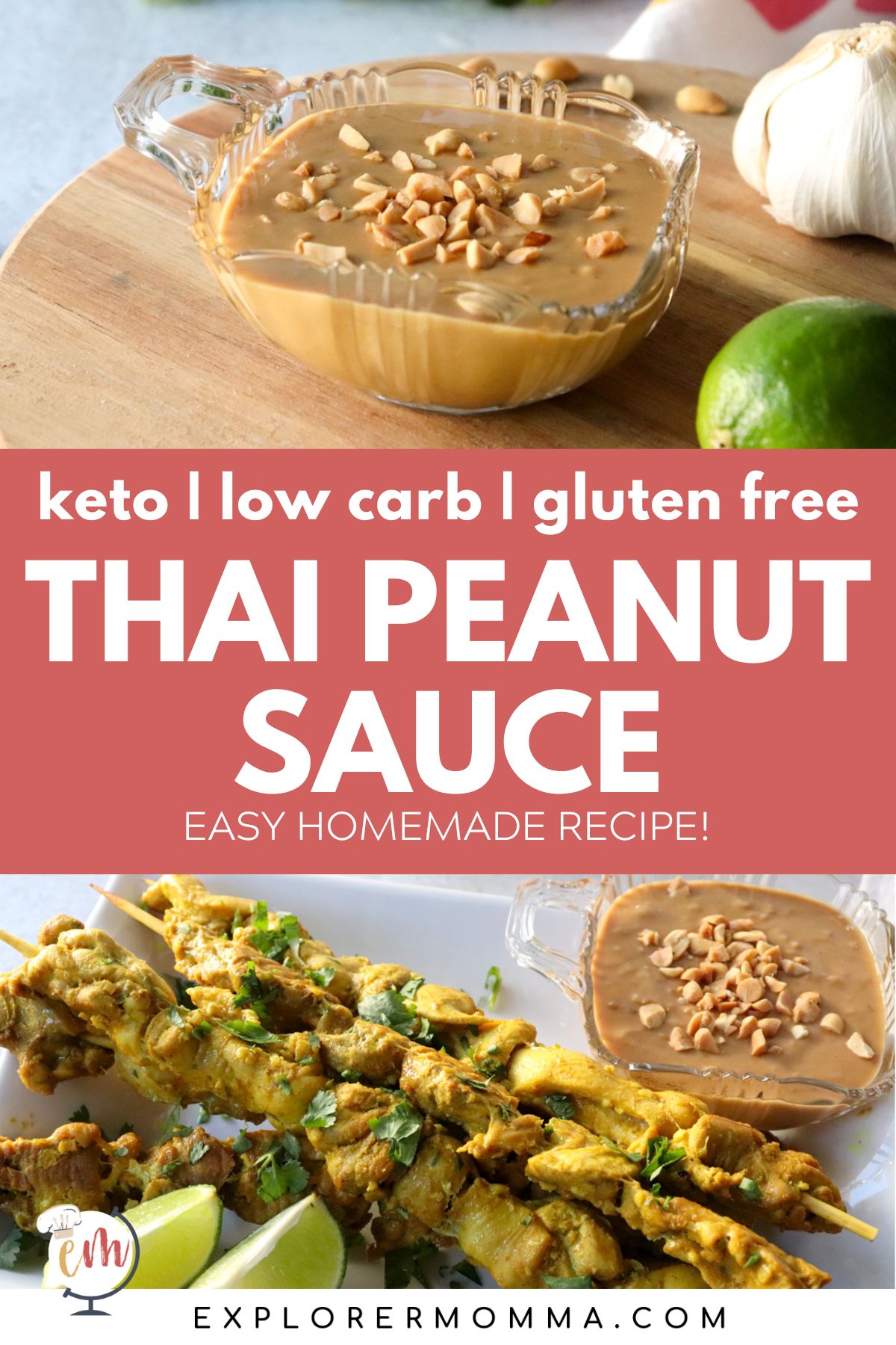 A glass bowl of low carb peanut sauce next to chicken satay skewers and lime.
