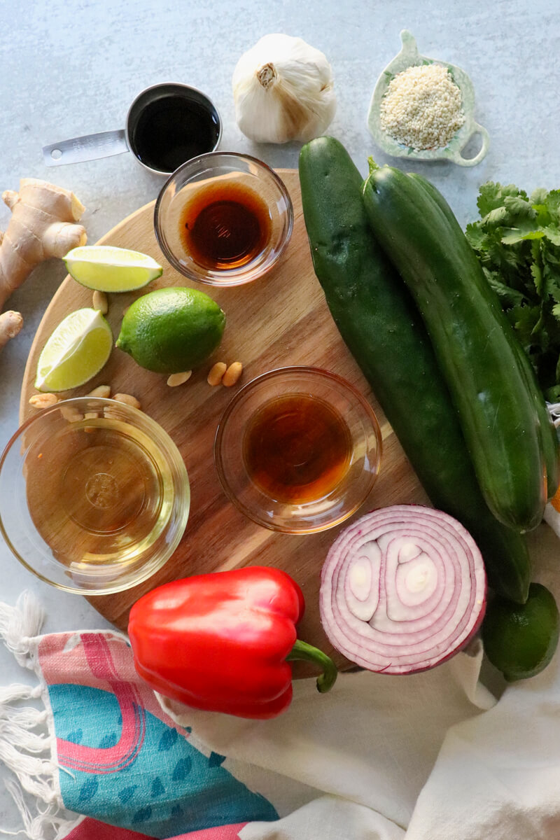 Overhead view of the ingredients in Thai cucumber salad.