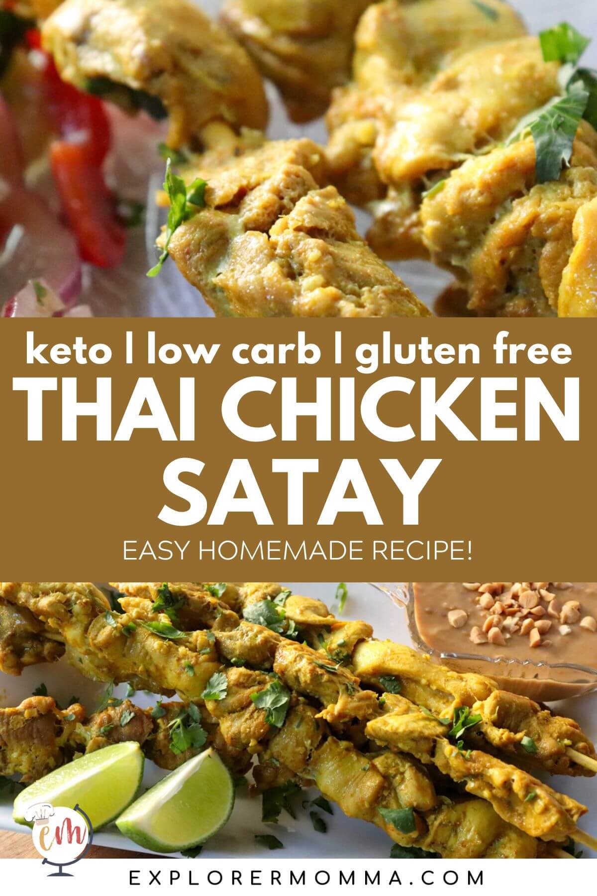 Keto chicken satay on skewers on a white serving dish with peanut sauce