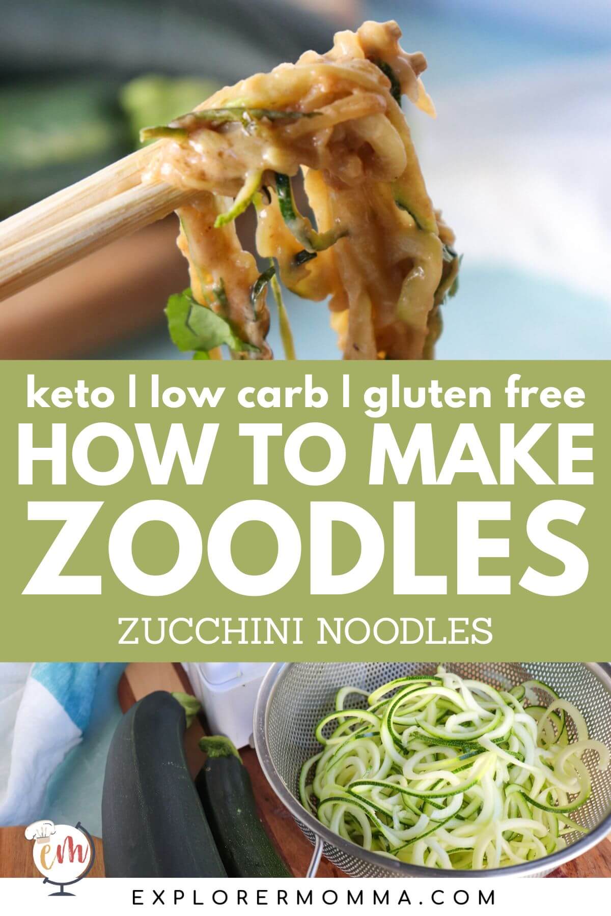 How to make zoodles or zucchini noodles - A metal colander with spiralized zucchini noodles, also a picture of chopsticks holding up some zoodles