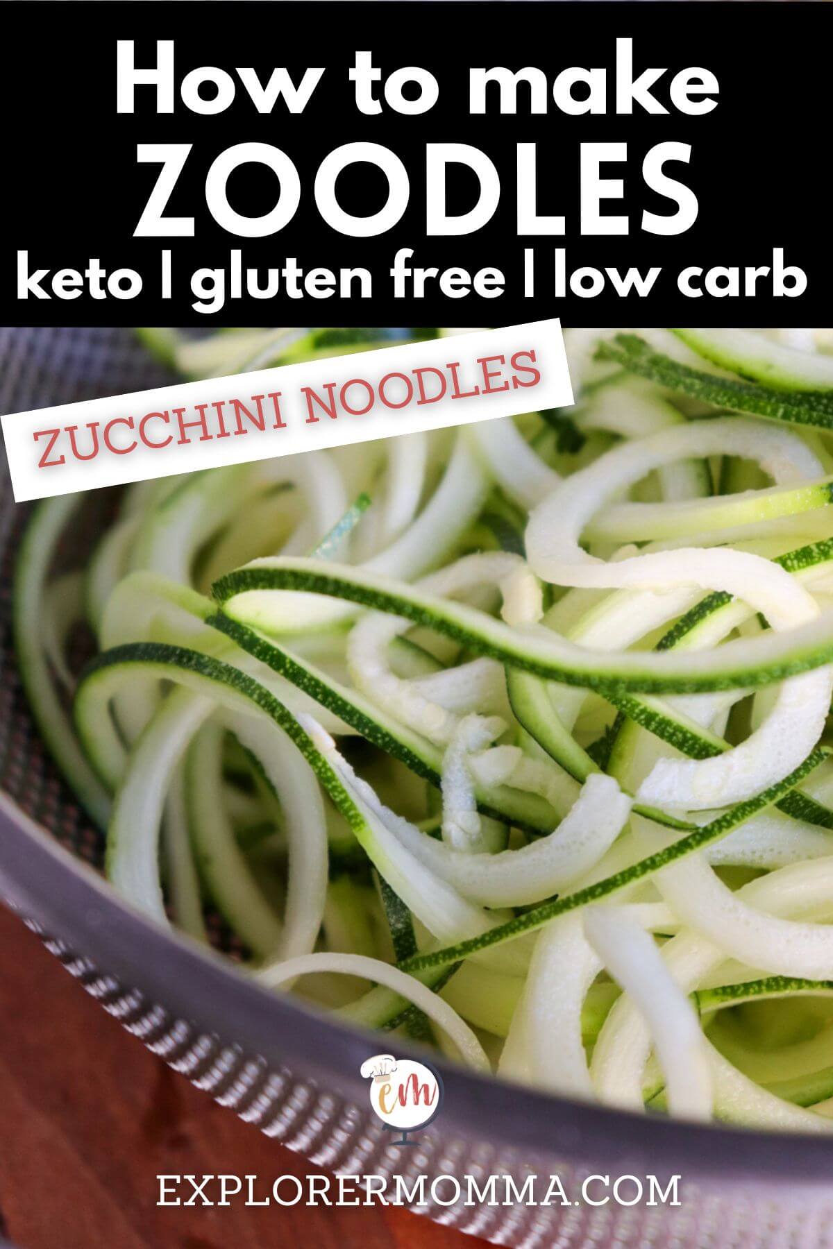 How to make zoodles or zucchini noodles - A metal colander with spiralized zucchini noodles