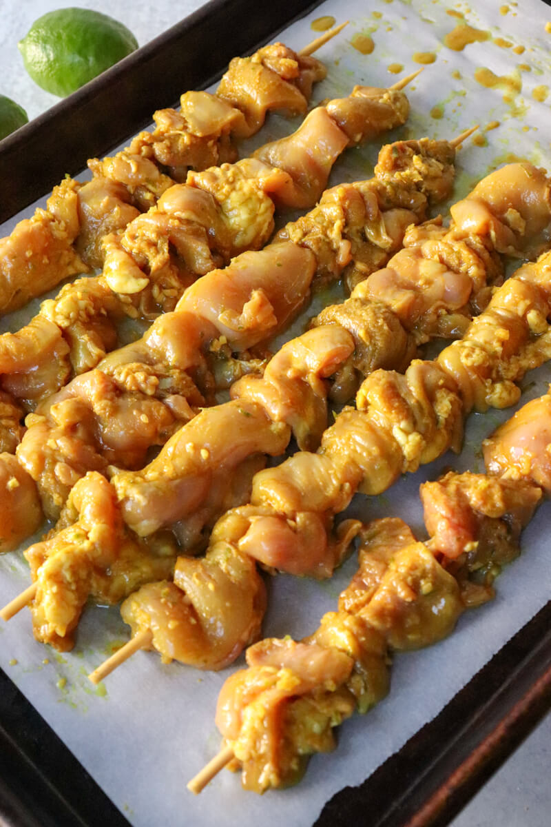 Front view of low carb chicken skewers uncooked