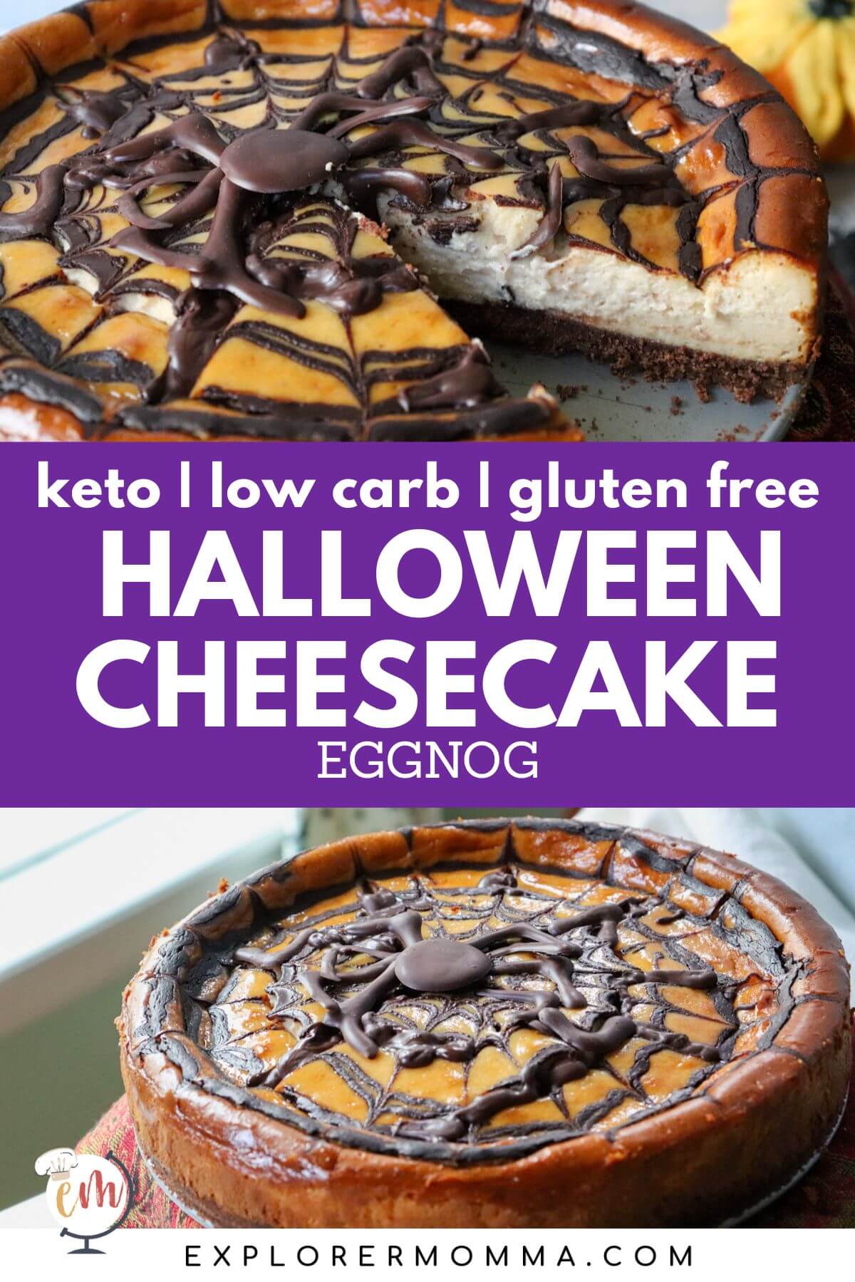 A piece being taken out of a keto eggnog cheesecake with a chocolate spider web perfect for Halloween over another picture of the front view of the whole keto Halloween cheesecake