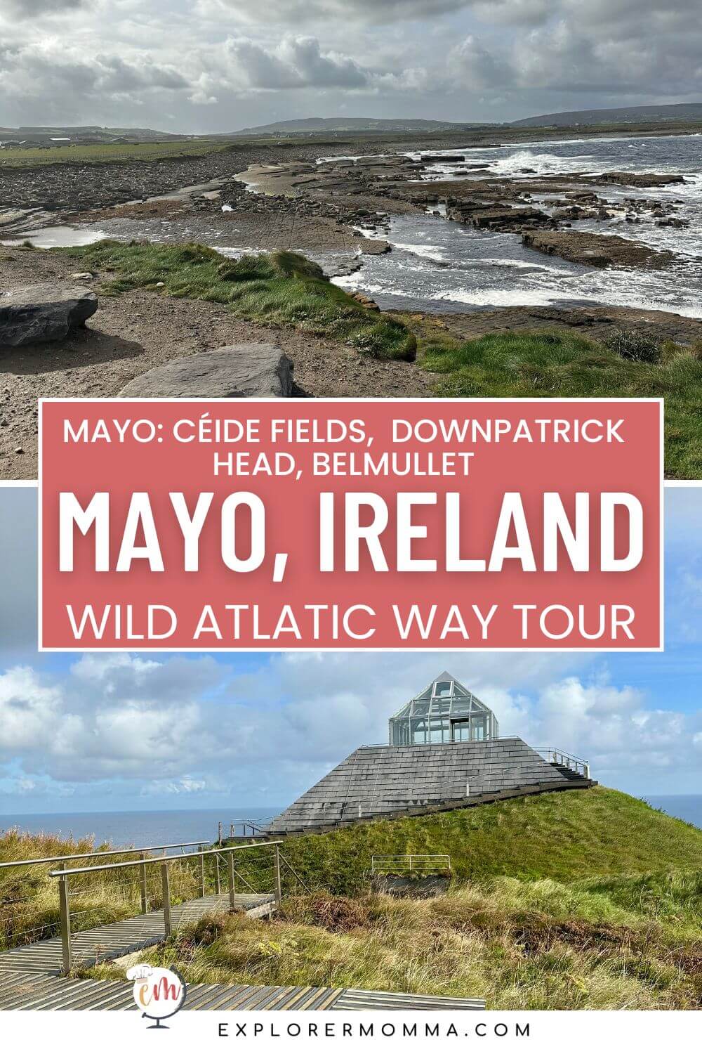 The waves on the beach near Downpatrick Head, Mayo, Ireland, and the visitor centre at Ceide Fields
