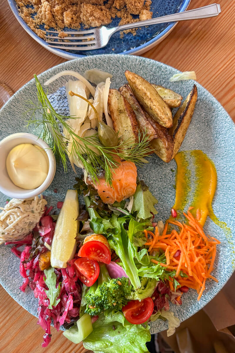 Overhead view of the Beehive fresh salmon and salads.