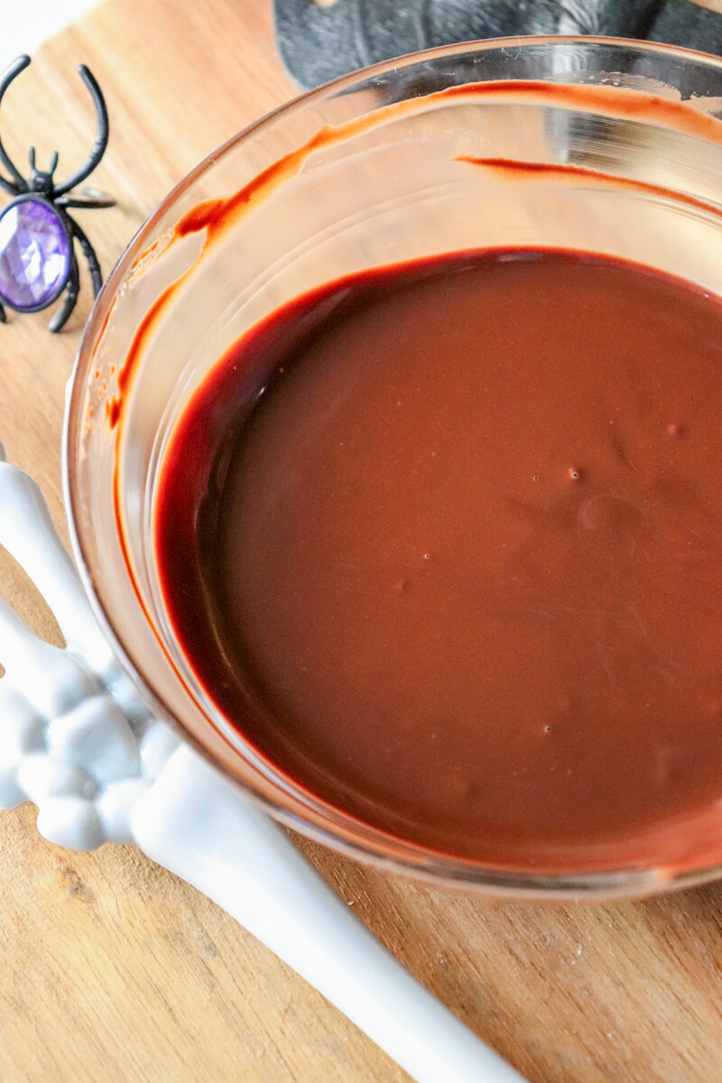 Overhead view of melted The Good Chocolate and coconut oil.
