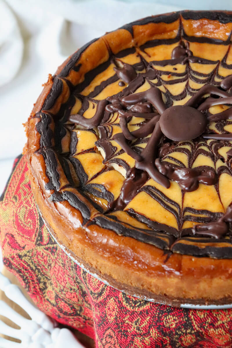 Closeup view of a Keto eggnog cheesecake with a chocolate spider.