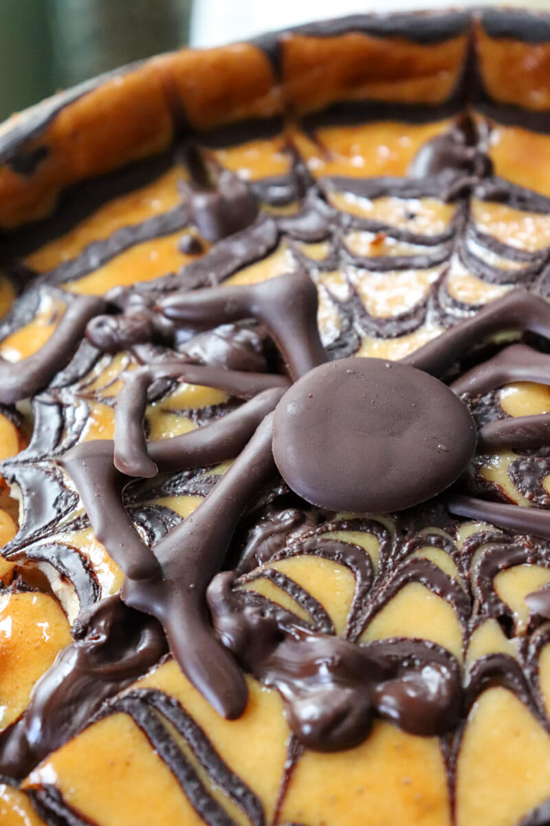 Closeup overhead view of a Keto eggnog cheesecake with a chocolate spider.