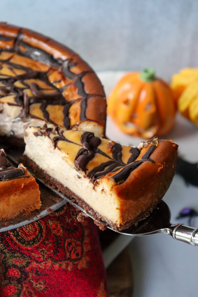 Closeup of a Keto eggnog cheesecake with a chocolate spider and web with a piece being taken out.