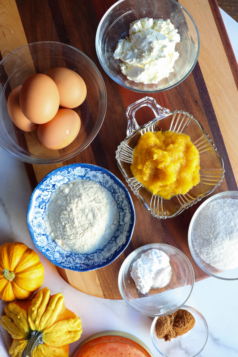 Overhead view of the ingredients in the keto pumpkin roll cake/sponge