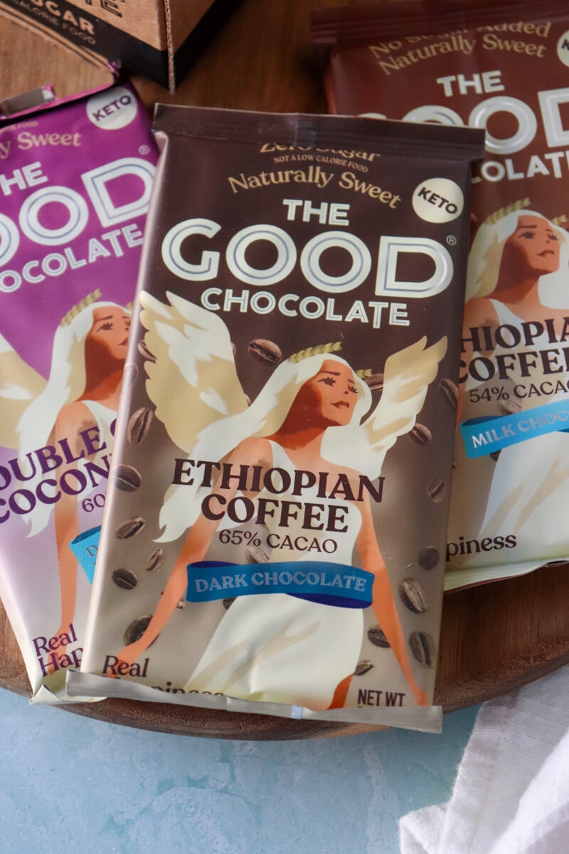 Overhead view of The Good Chocolate bar, Dark Chocolate Ethiopian Coffee
