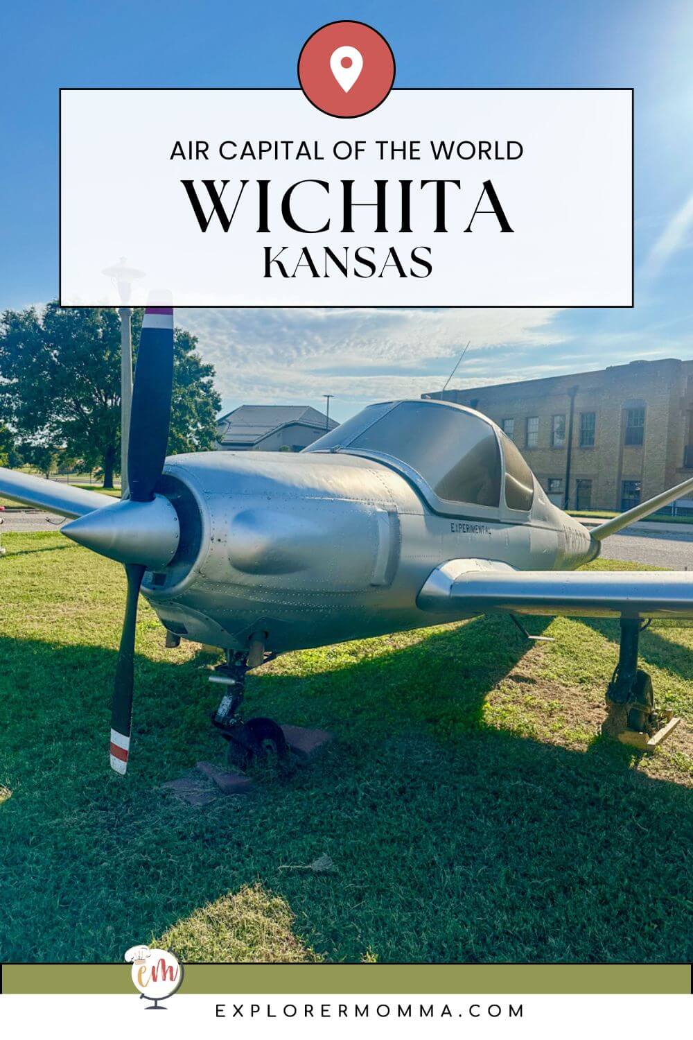 Front view of a small silver airplane with propeller. Text overlay: Air Capital of the World Wichita Kansas