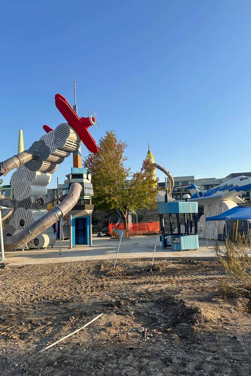 Exploration Place play area being built with airplanes, slides, etc.