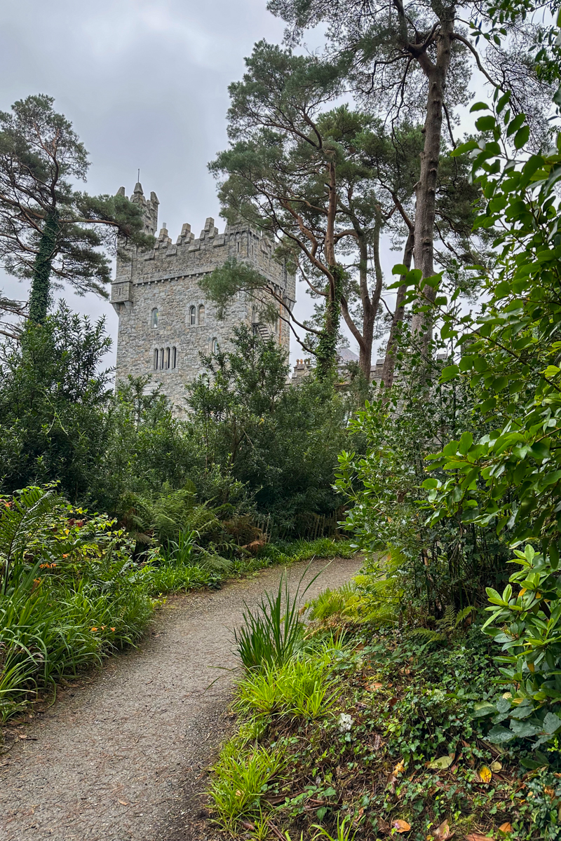 The grounds and path around Glenveagh Castle, trees, greenery