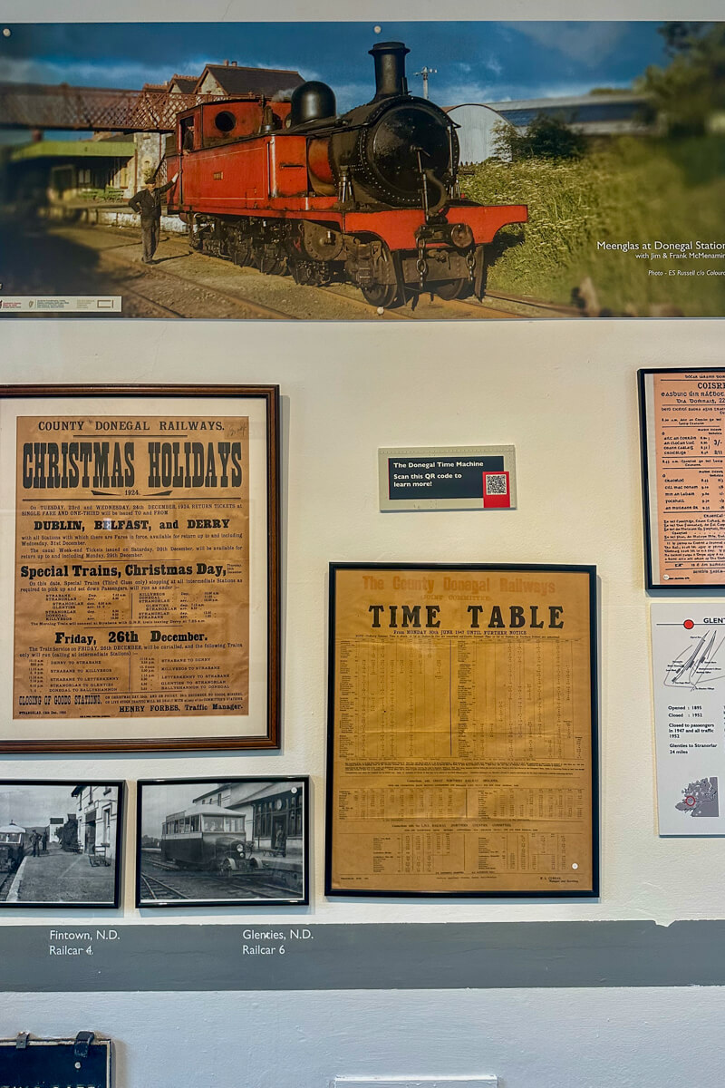 Pictures of trains and memorabilia on the wall of the Donegal Town train museum